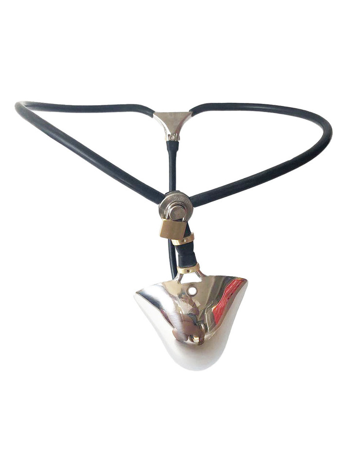 Male Chastity Belt with Feminizing Design, showcasing the stainless steel construction and feminizing design.