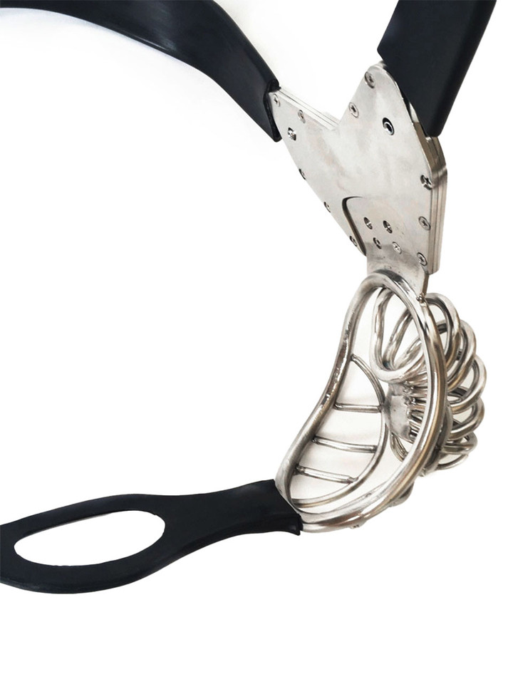 Male chastity belt with ventilating cage and anal opening, featuring a secure stainless steel design and silicone-lined waistband for comfort.