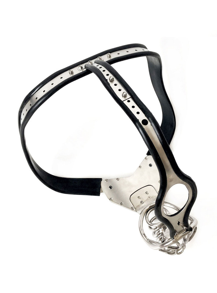 Male chastity belt with ventilating cage and anal opening, featuring a secure stainless steel design and silicone-lined waistband for comfort.