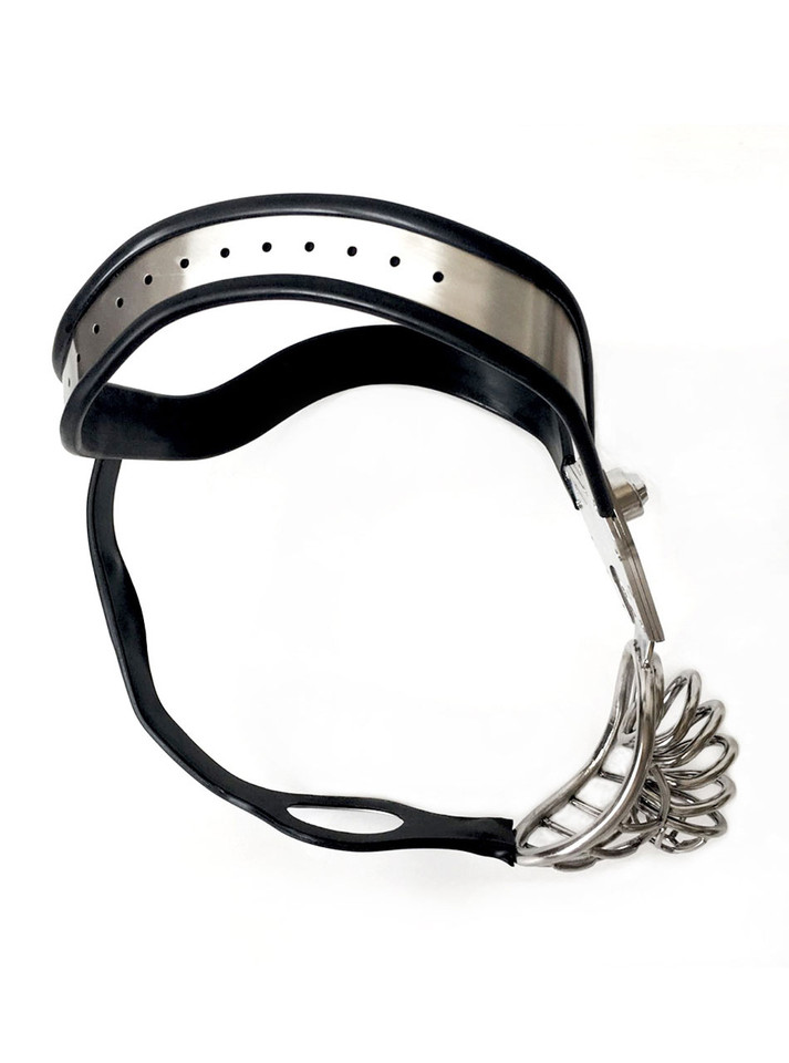 Male chastity belt with ventilating cage and anal opening, featuring a secure stainless steel design and silicone-lined waistband for comfort.