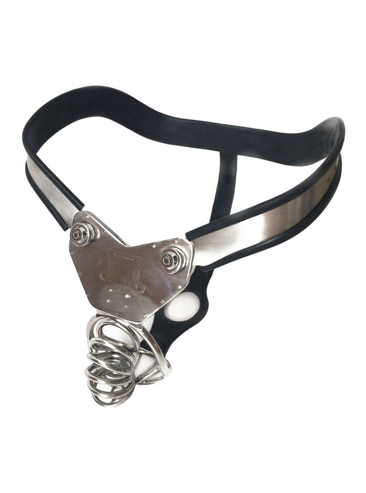 Male chastity belt with ventilating cage and anal opening, featuring a secure stainless steel design and silicone-lined waistband for comfort.