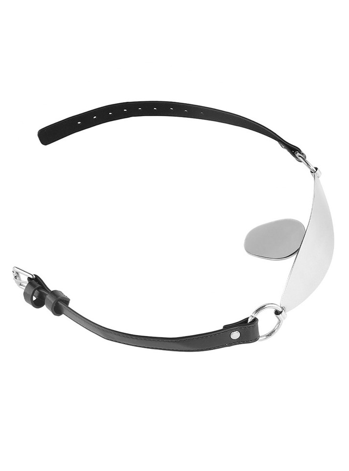 Master's Desire Stainless Steel Tongue Gag - Full View: A sleek stainless steel tongue gag with black vegan leather straps, laid out flat.