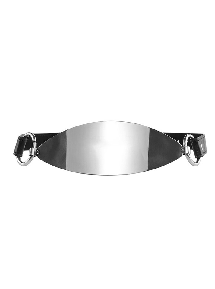 Master's Desire Stainless Steel Tongue Gag - Front View: The tongue gag displayed front-on, showcasing the polished stainless steel and secure buckle straps.
