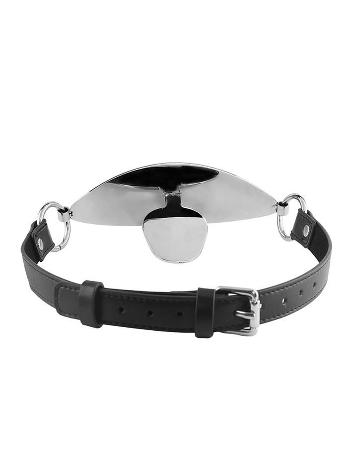 Master's Desire Stainless Steel Tongue Gag - Buckle Detail: Close-up of the secure buckle closure on the vegan leather strap.