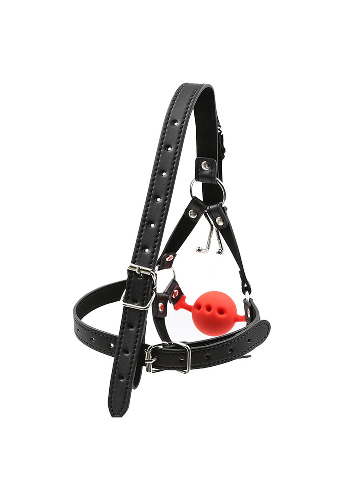Adjustable head harness with red silicone ball gag and durable straps