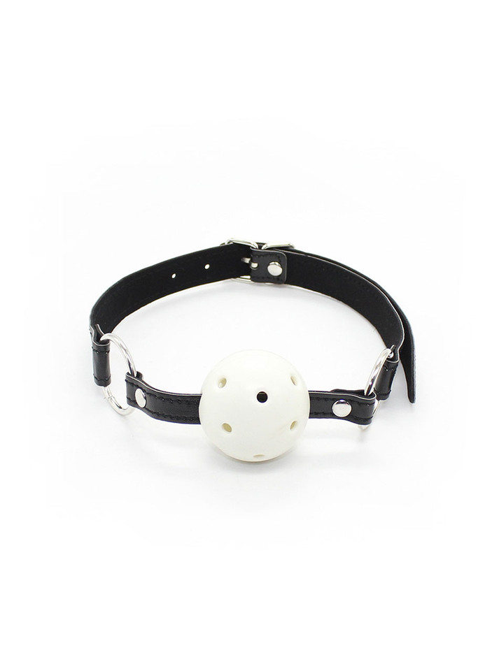 Black Breathable Ball Gag: Front view of the black and white ball gag with breathable holes and adjustable vegan leather strap.