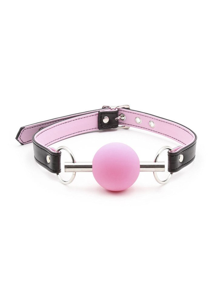 Pink silicone ball gag with metal rings and vegan leather strap