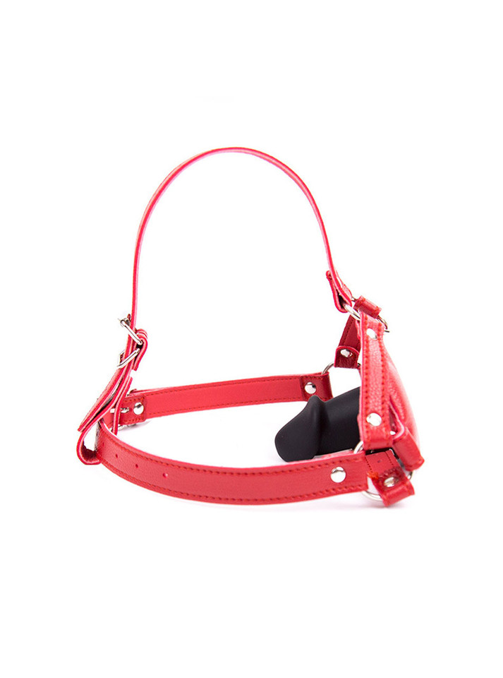 Adjustable Mouth Shaped Penis Gag with Harness in red vegan leather and PVC