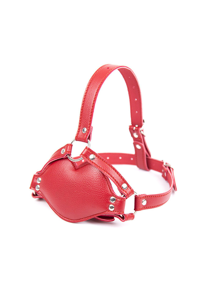 Adjustable Mouth Shaped Penis Gag with Harness in red vegan leather and PVC