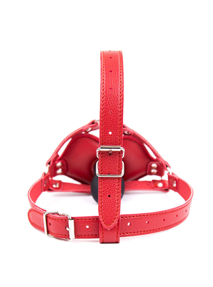 Detailed view of the harness and mouth-shaped gag in red vegan leather
