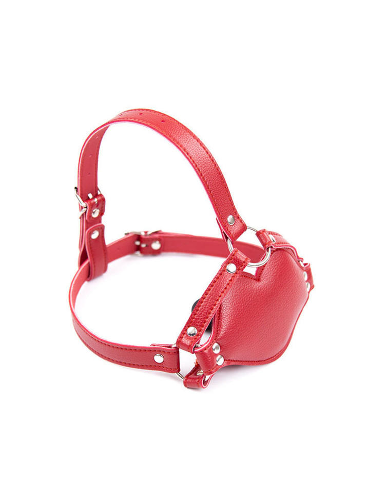 Side view of the red Adjustable Mouth Shaped Penis Gag with adjustable straps