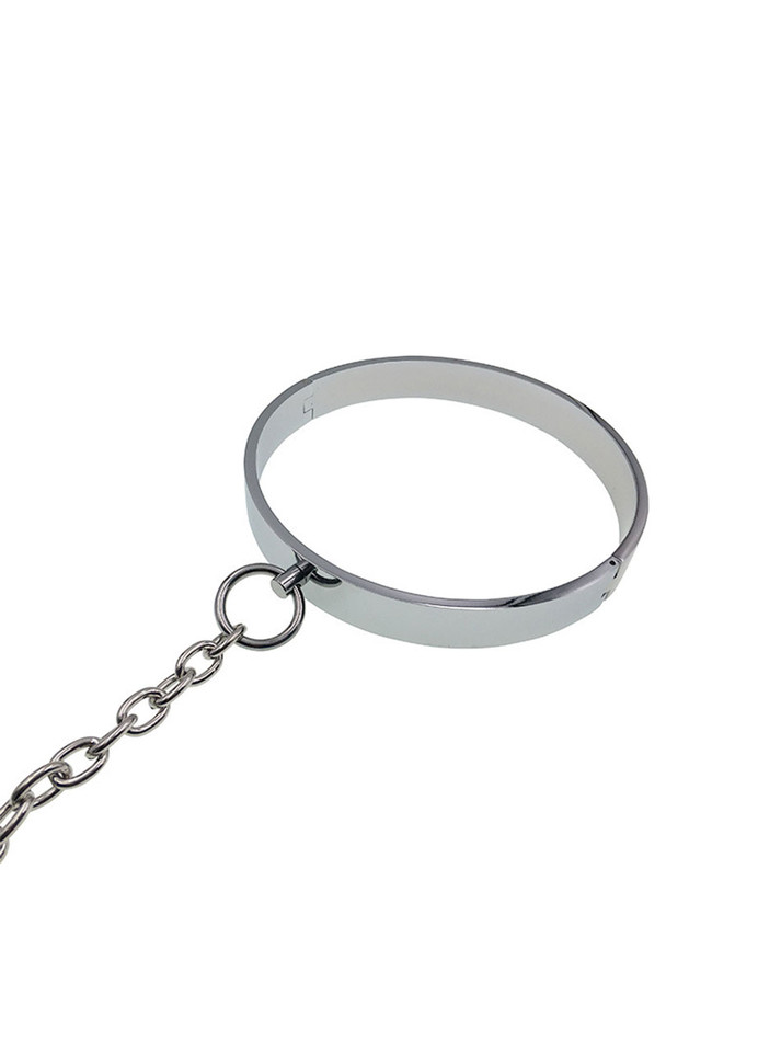 Stainless steel BDSM set showing collar, adjustable chain, and penis ring for training.