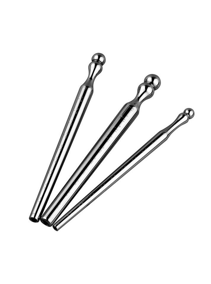 Three Stainless Steel Urethral Sounds with Measurement: Three sizes of stainless steel urethral sounds, each with detailed measurement markings, displayed side by side.