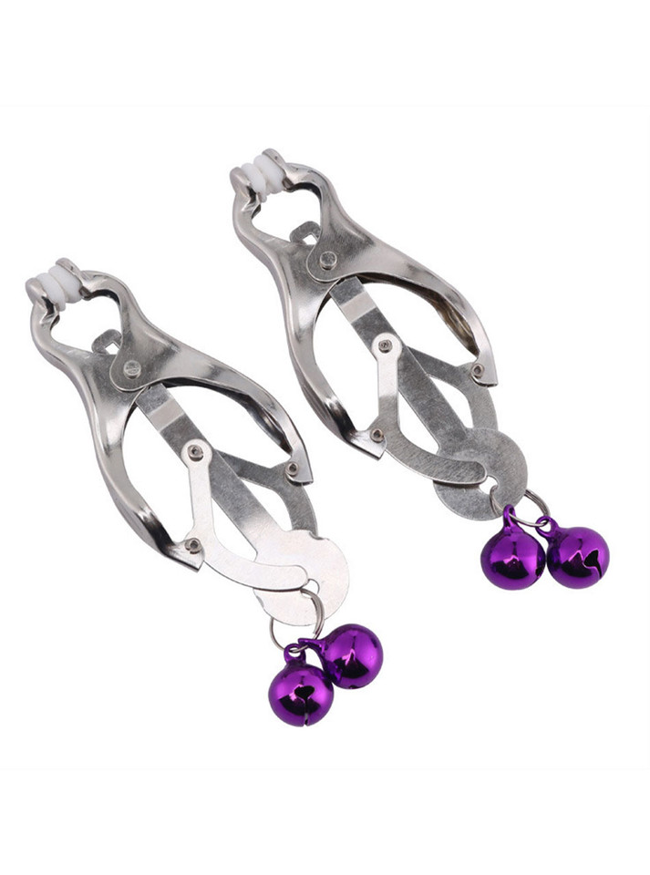 Teasing Touch Clover Nipple Clamps with purple bells, offering a playful and stimulating design.