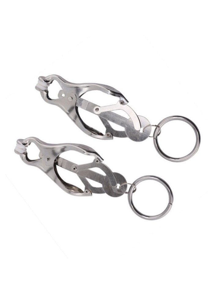 Stainless steel clover nipple clamps with rings, designed for BDSM play, enhancing both pleasure and discipline.