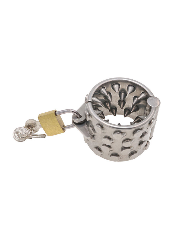 Stainless steel ball stretcher with sharp spikes open with lock and key.