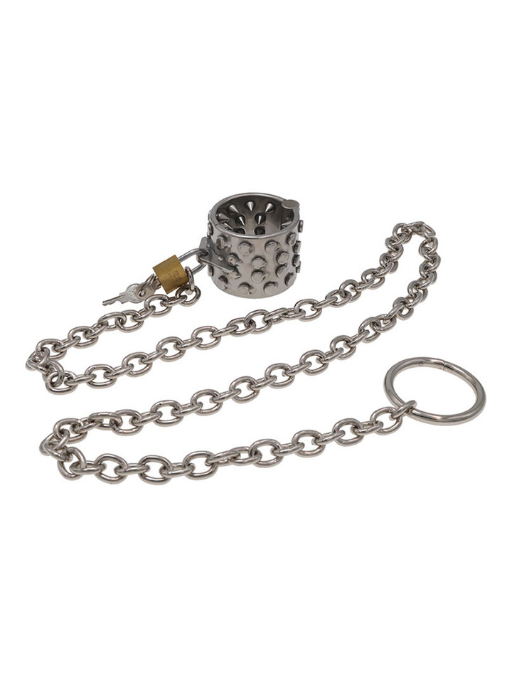 Stainless steel ball stretcher with sharp spikes and attached chain, showing lock and key.