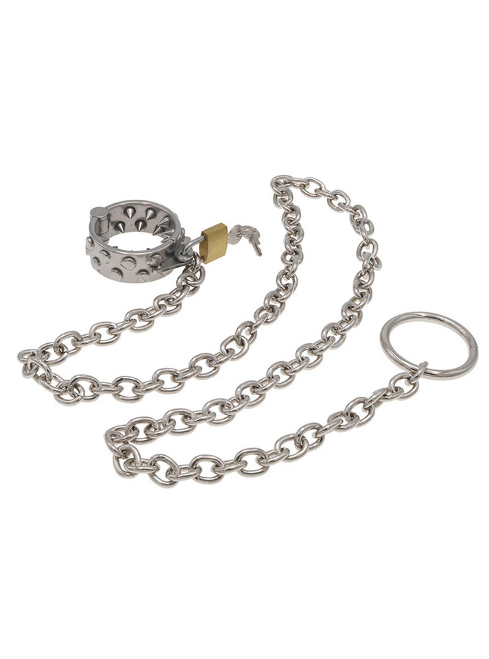 Stainless steel ball stretcher with sharp spikes and long chain, showcasing versatility.