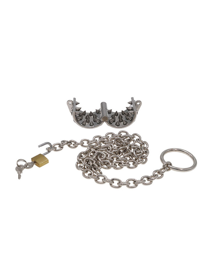 Open stainless steel ball stretcher with sharp spikes and chain.