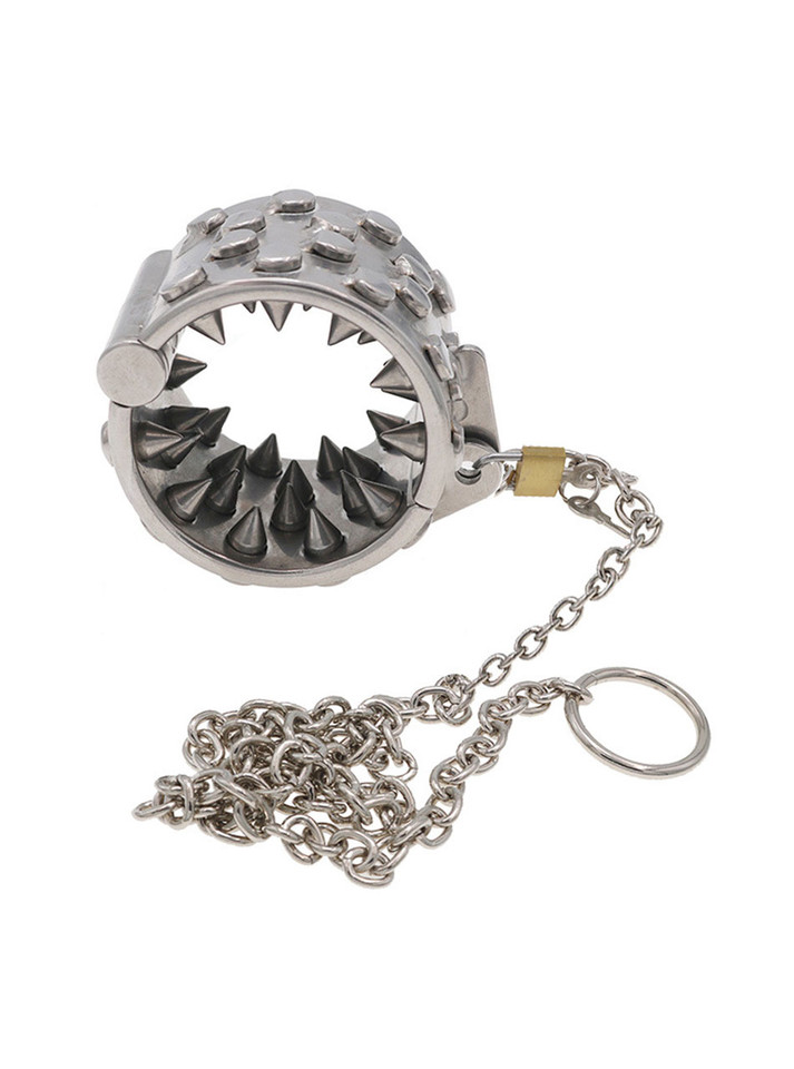 Stainless steel ball stretcher with sharp spikes and chain.