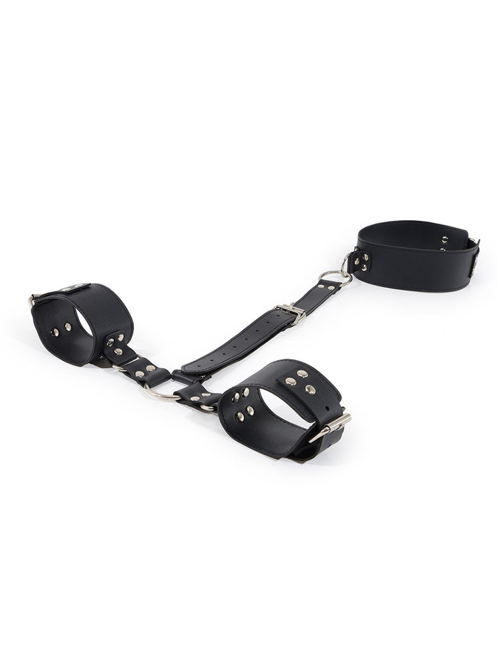 Side view of the leather wrist cuffs connected by a strap