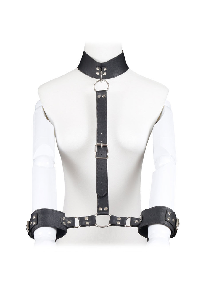 Mannequin wearing the leather bondage harness with collar and wrist cuffs
