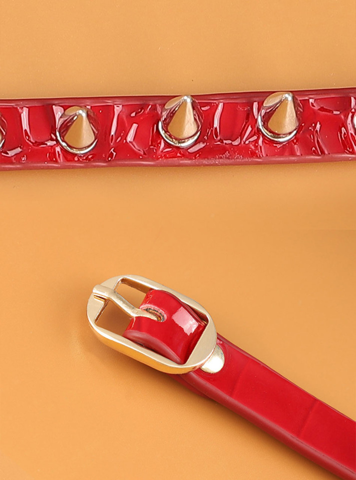 Close-up of the red leather collar’s spikes and buckle
