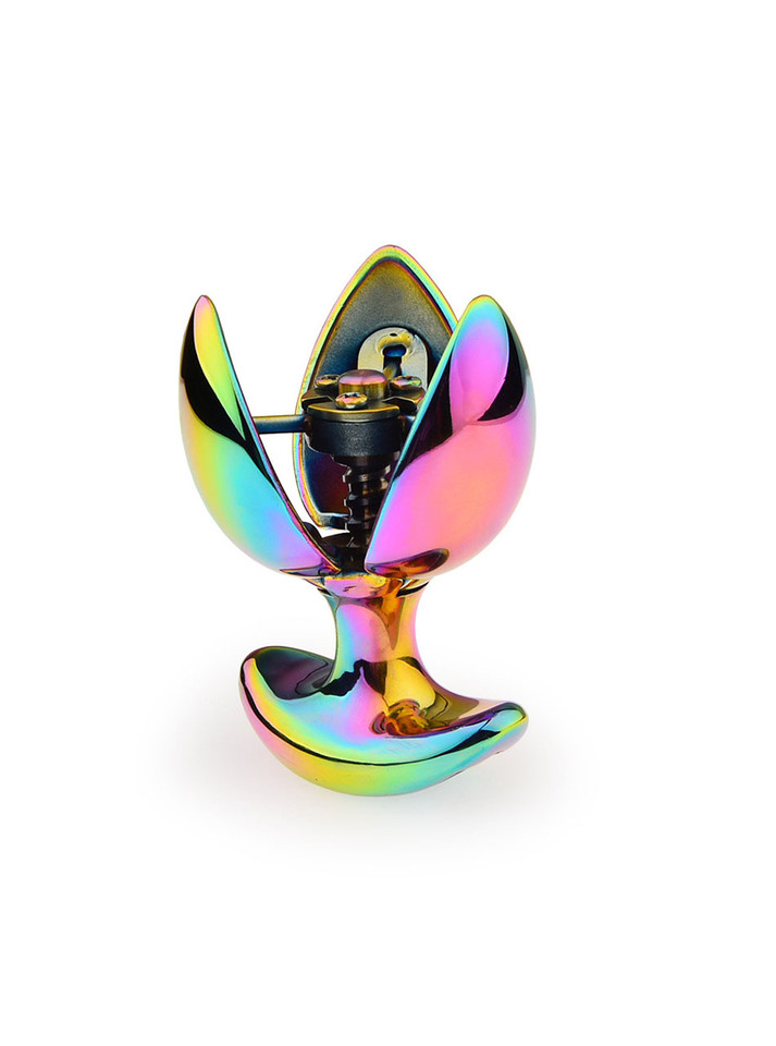 Lockable Stainless Steel Anal Plug with keys, showcasing its expandable petals.
