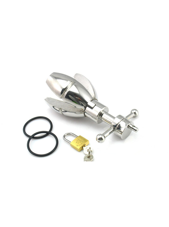 Stainless steel expanding anal plug in expanded position with lock and key
