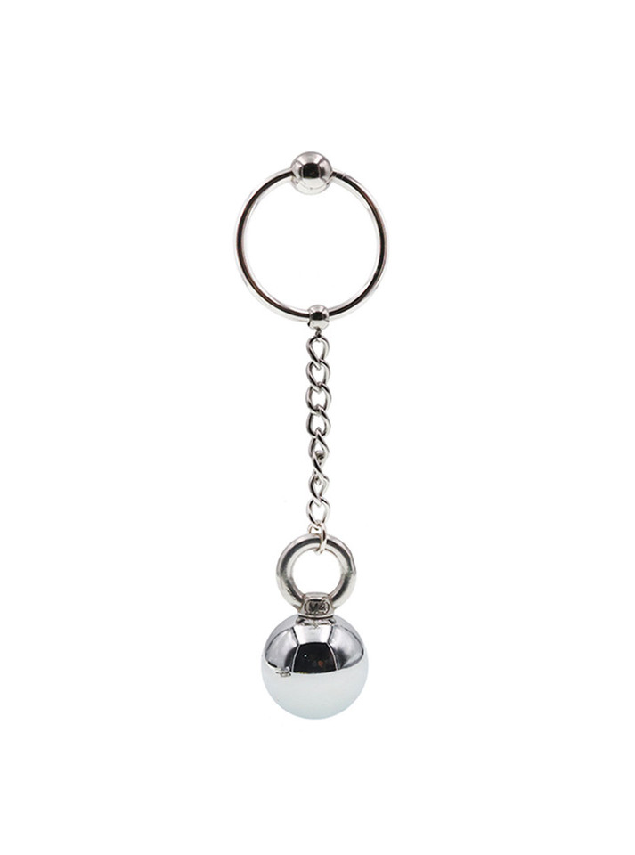 Stainless steel cock ring with hanging weight and chain attachment.