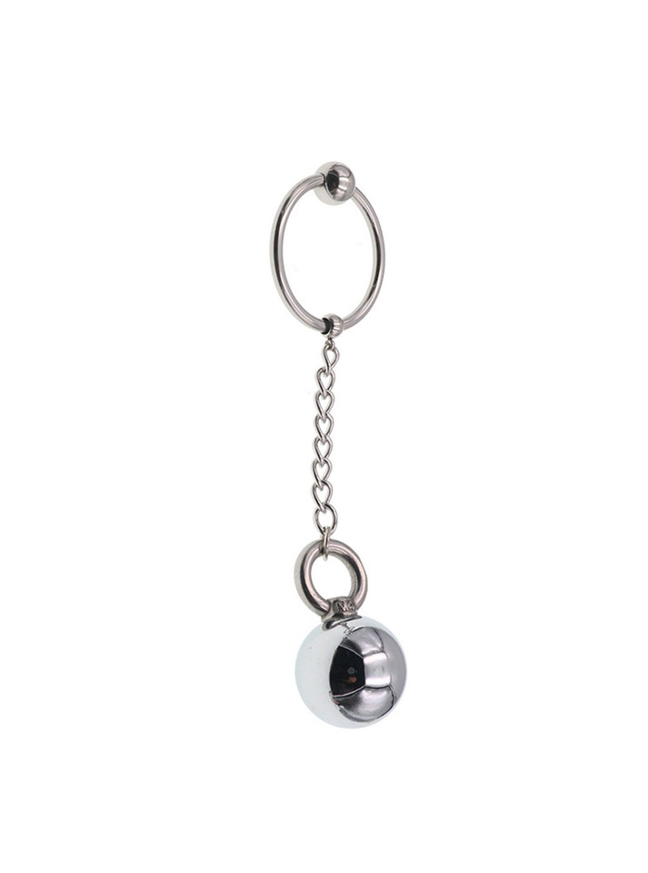 Stainless steel cock ring with hanging weight and chain attachment.