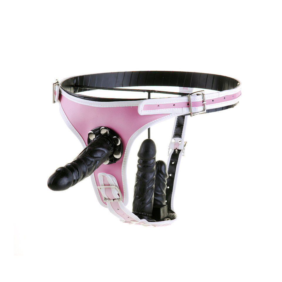 Pink strap-on harness with detachable dual black dildos and adjustable straps for double penetration and pegging.