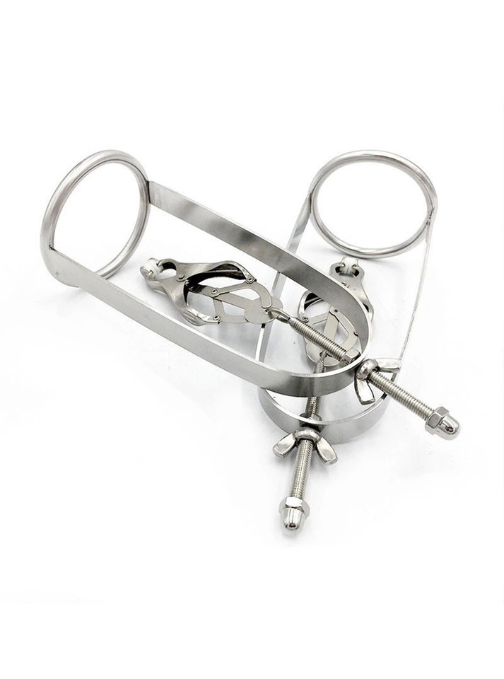 Stainless steel clover nipple stretcher clamps with adjustable screws for intense breast play and advanced BDSM nipple torture.