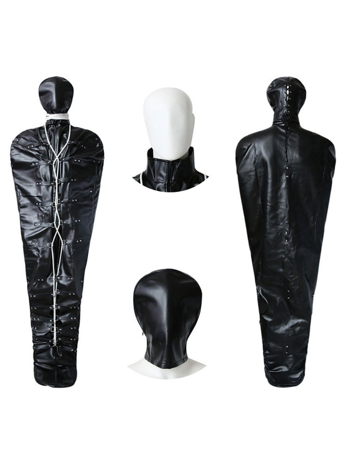 The sleep sack displayed with and without the detachable hood, highlighting its ability to fully encase the wearer in a cocoon-like manner.