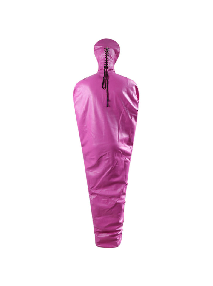 The bondage sleep sack in its fully laced-up form, with the detachable hood on, showcasing the complete mummification experience.