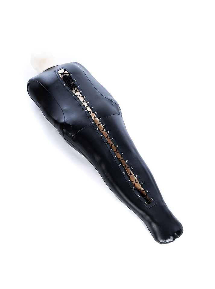 Fully enclosed body within the sleep sack, demonstrating the mummification effect.