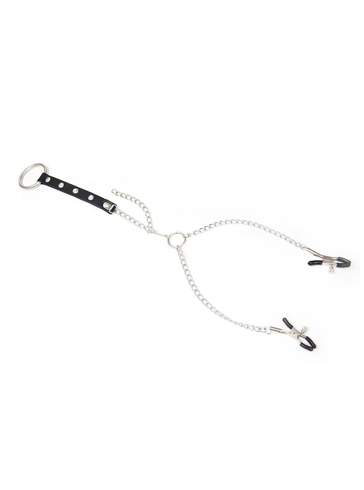 Bondage-style nipple clamps connected to a cock ring via a sturdy chain, ideal for couples’ BDSM play and intense bondage restraint.