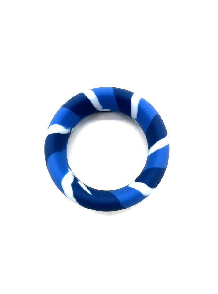 Blue camouflage silicone cock ring designed for enhanced stamina and prolonged pleasure, featuring a stylish, rugged pattern.