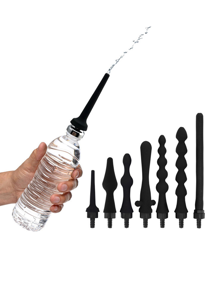 Silicone enema kit with 8 nozzle attachments for water bottle, used for anal and vaginal cleansing.