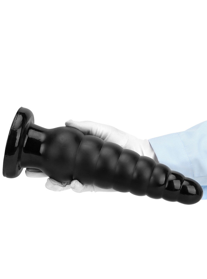 Large ribbed black PVC anal plug with multiple bulbs for deep stretching.