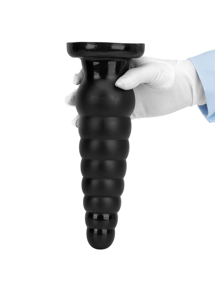 Black PVC plug with thick graduated bulbs designed for extreme anal play.
