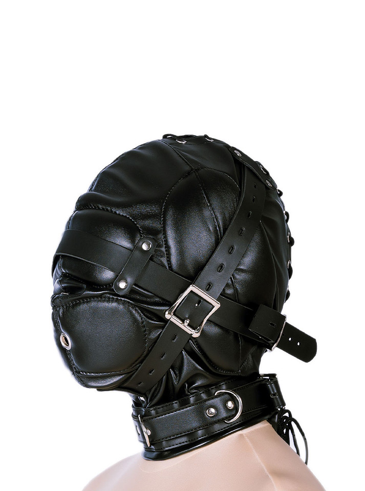 Side view of black bondage hood with extra-thick padding and adjustable buckle straps.