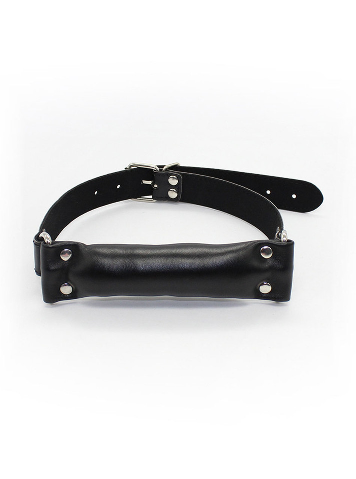 Black Bit Gag with soft cushion and adjustable leather straps, showcasing sleek design and metal buckles.