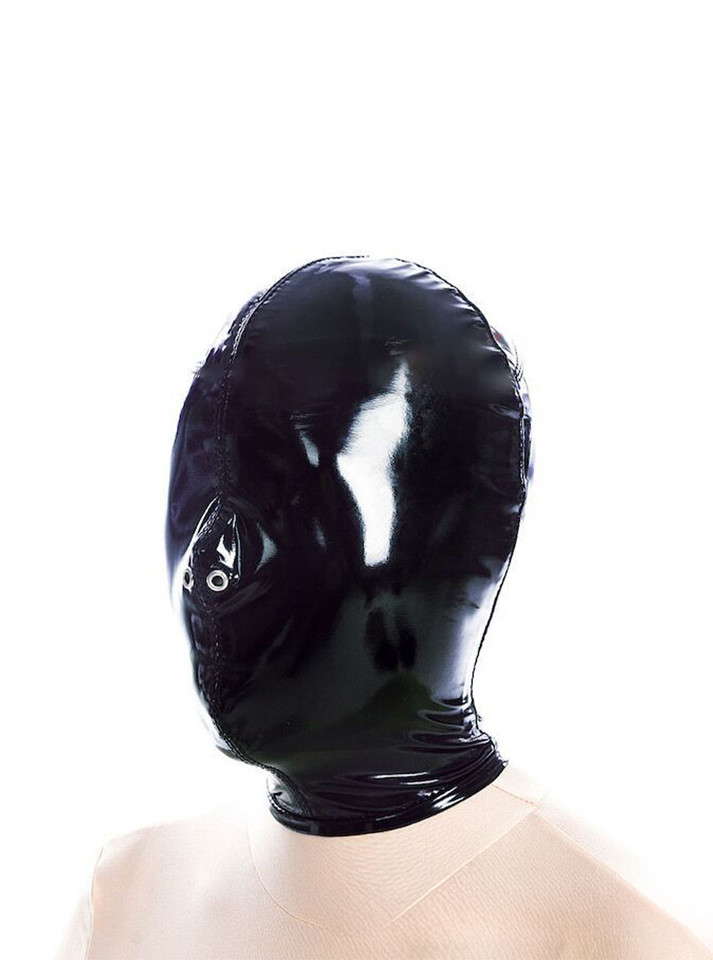 Side view of the Black Latex-Like Stretchy Full Hood with nose holes and zipper back on a mannequin.