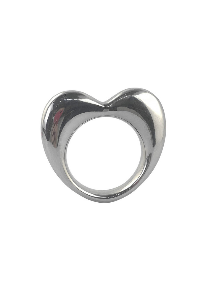 Heart-shaped weighted stainless steel cock ring for enhanced pleasure and endurance.