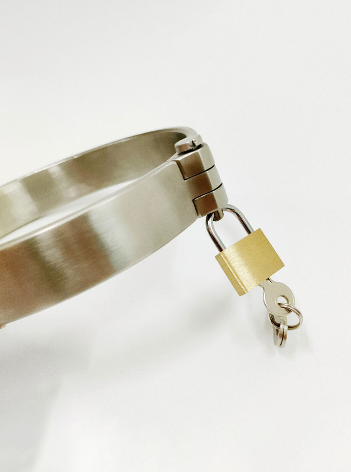 Close-up of stainless steel slave collar with secure padlock.