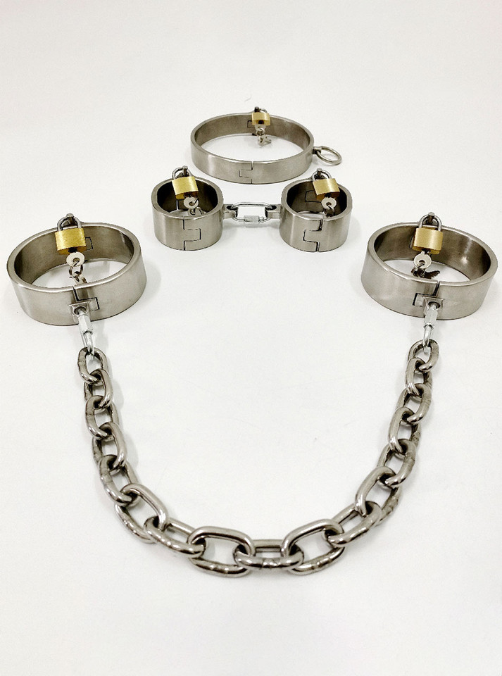 Complete stainless steel locking restraint set including collar, handcuffs, and leg irons with padlocks.