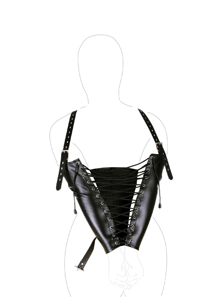 Profile view of the Lace-Up Armbinder in black, featuring reinforced straps and buckles.