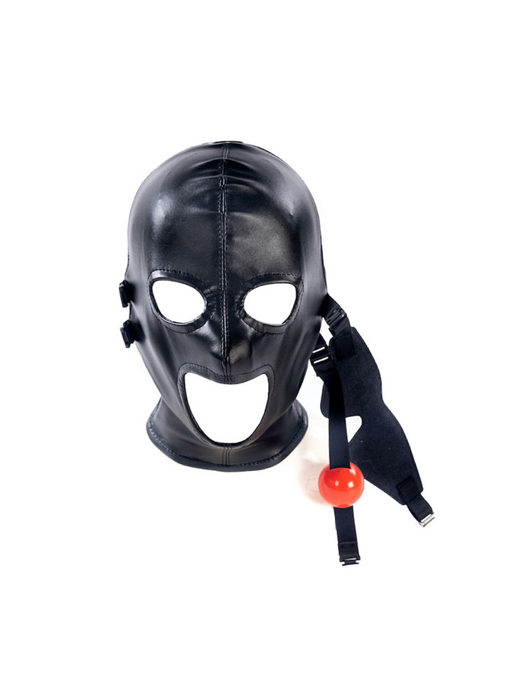 Close-up of the red ball gag and detachable eye mask, illustrating their kink-ready design.