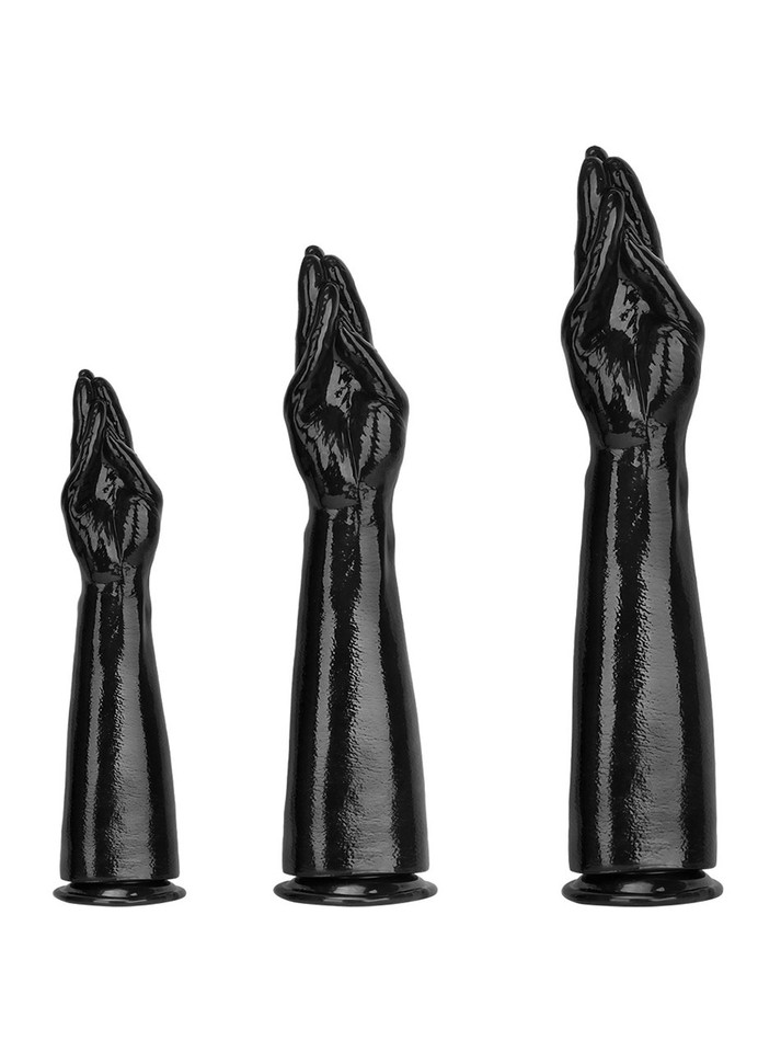 Black forearm & fist dildo with realistic hand-and-arm design and powerful suction cup base for hands-free play.